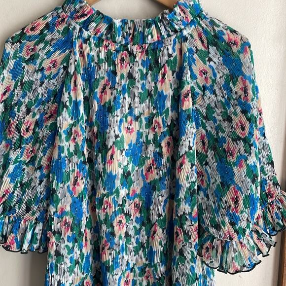 Ganni Pleated Georgette Ruffle V-Neck Blouse in Floral Azure Blue - Picture 12 of 16